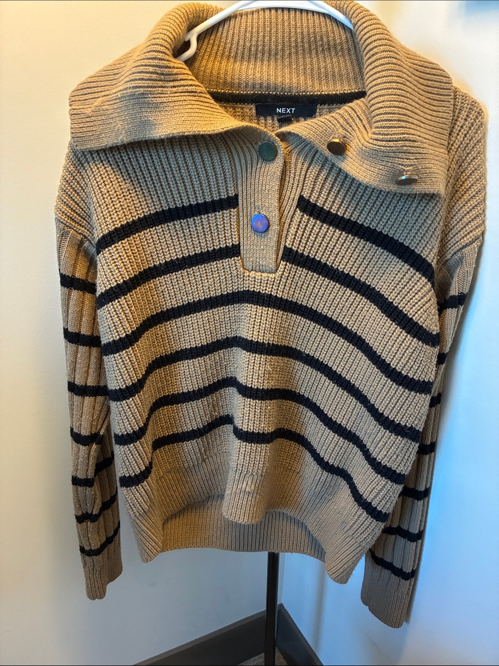 Next Camel and Black Striped Ribbed Collar Sweater